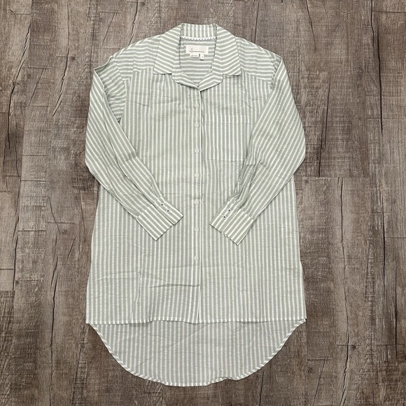 Anthropologie Tops - Anthropologie Green White Striped Long Line Button Down Oversized Tunic Size XXS